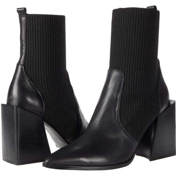 Women\'s Black Chunky Stacked Heel Ankle Pointed Toe Slip On Knit Sock Boots